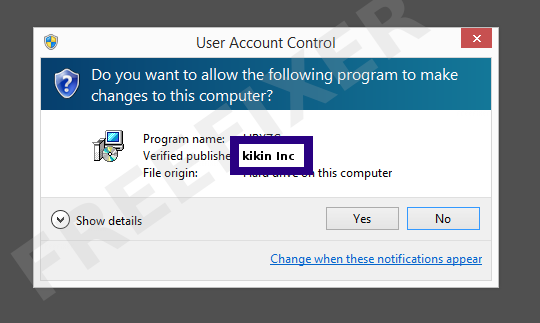 Screenshot where kikin Inc appears as the verified publisher in the UAC dialog